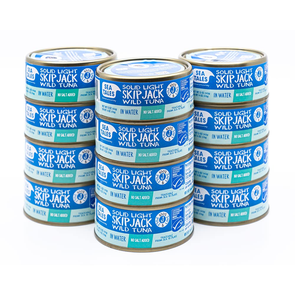 Sea Tales Solid Light Skipjack Canned Tuna in Water - No Salt Added - 100% Pole & Line Wild Sustainably Caught - BPA Free - High