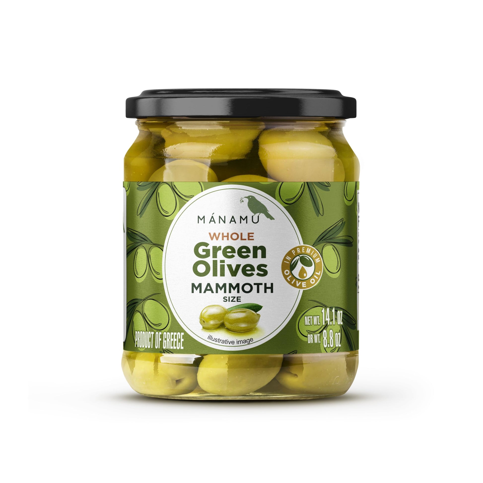 Whole Green Olives from Greece  Mammoth Size  Preserved in Premium Koroneiki Olive Oil  14.1 OZ