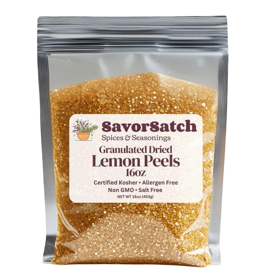 Savorsatch Lemon Peel Granules - 16Oz Resealable Pouch | Certified Kosher Gmo-Free Allergen-Free | Bulk Citrus Zest For Seasoning Rubs Marinades Dressings - 16 Ounce (Pack Of 1)