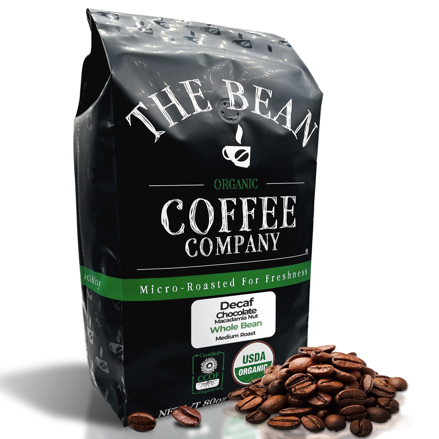 The Bean Organic Coffee Company Water Processed DECAF Chocolate Macadamia Nut, Medium Roast, Whole Bean Coffee, 5-Pound Bag