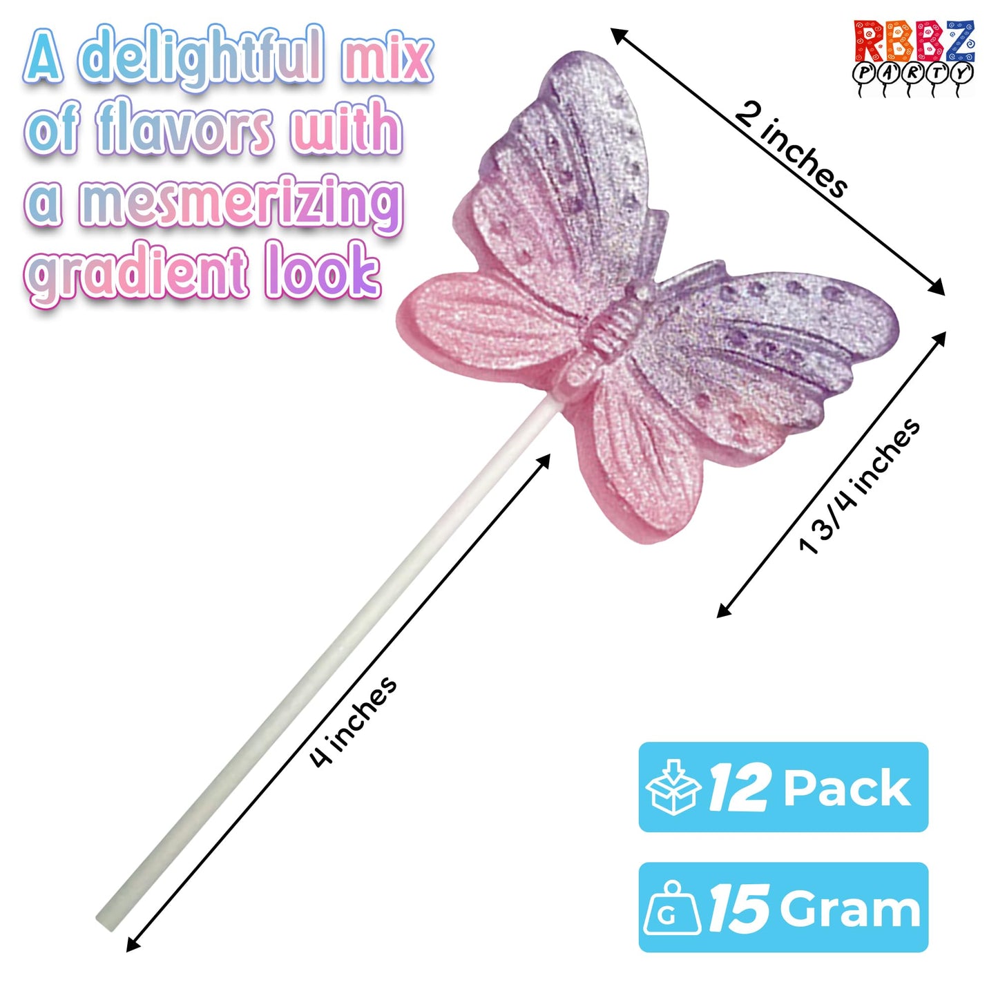 Butterfly Candy Lollipops - 12 Beautiful Ombre Suckers Individually Wrapped - Great For Butterfly Party Favors - Goodie Bags For
