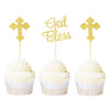 Ercadio Cupcake Toppers Gold Glitter 24 Pack for Baby Baptism Party Decorations, Small, Paper