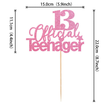 1 PCS 13 Official Teenager Cake Topper Glitter 13th Birthday Cake Pick Decorations for Teen 13th Birthday Party Supplies Pink