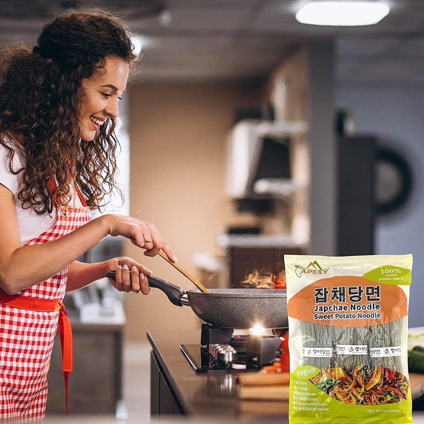 Apexy Sweet Potato Glass Noodles, Japchae Noodles, Korean Vermicelli Pasta, Fat-Free And Gluten-Free, 100% Sweet Potato Starch, No Additive, No Alum Inside, 24Oz (680G)