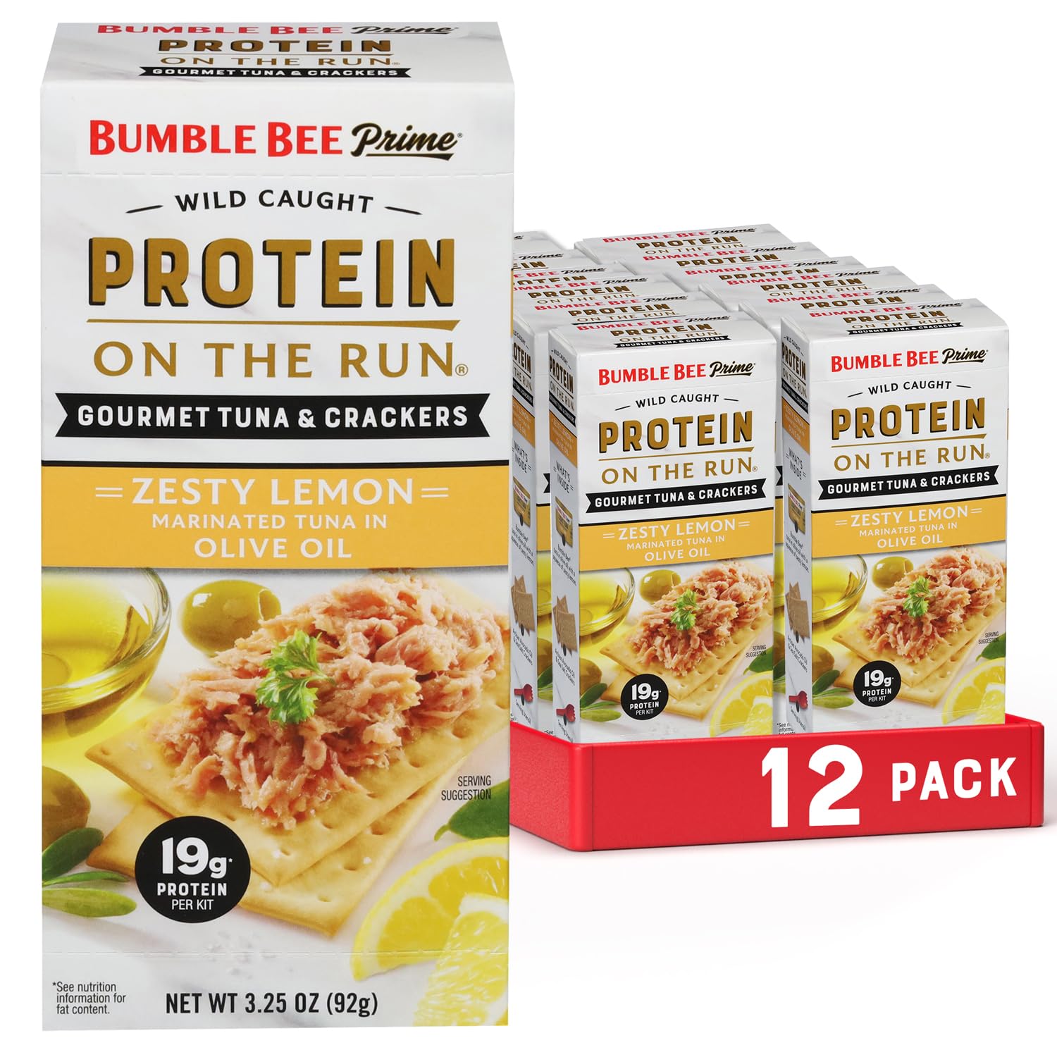 Bumble Bee Prime Protein on the Run Tuna Snack Kit, Pack of 12 - Gourmet Tuna Marinated in Olive Oil & Zesty Lemon with Crackers