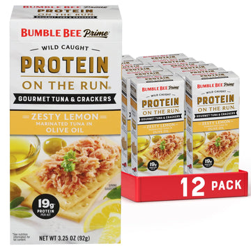 Bumble Bee Prime Protein on the Run Tuna Snack Kit, Pack of 12 - Gourmet Tuna Marinated in Olive Oil & Zesty Lemon with Crackers