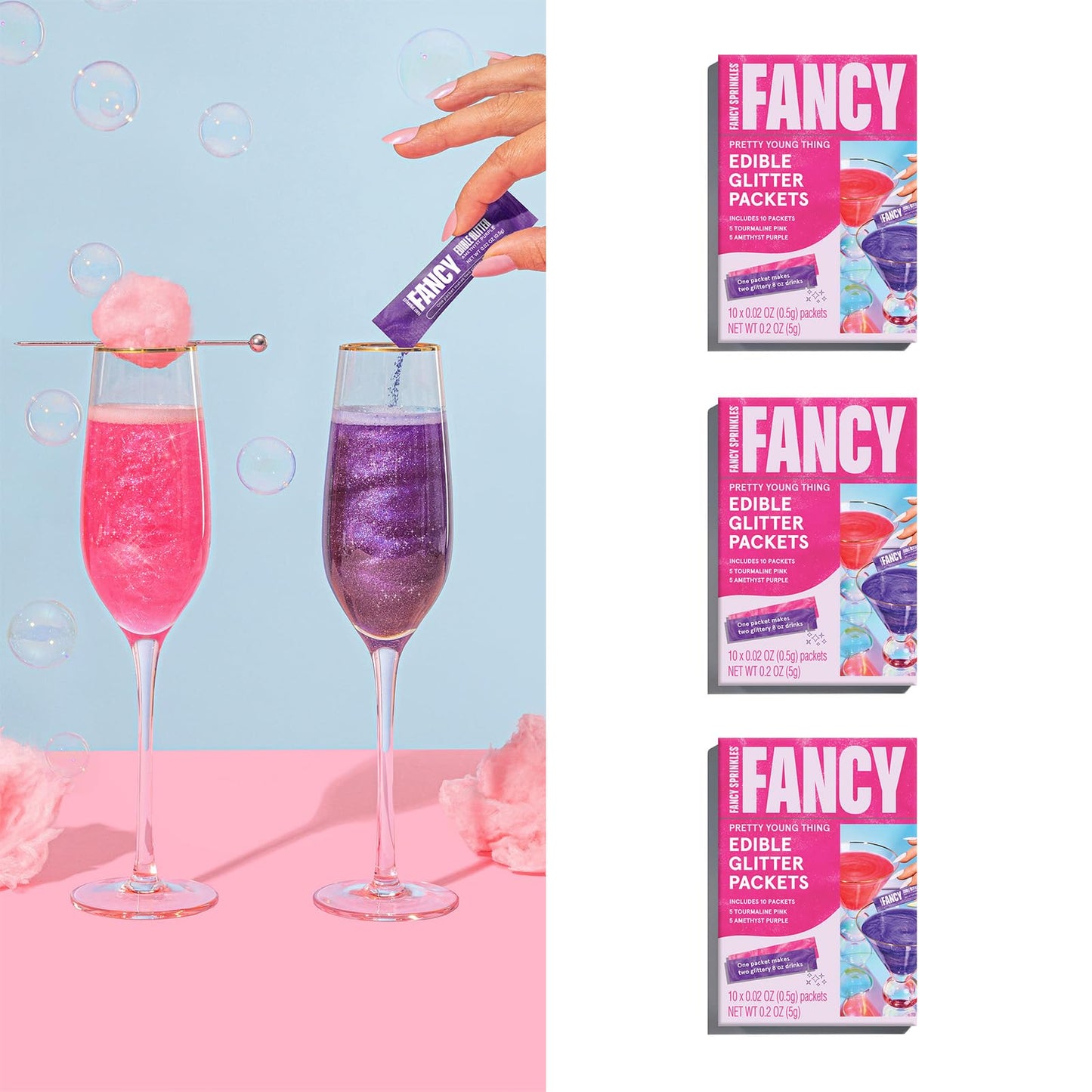 Fancy Sprinkles Edible Glitter Pack - 3 Pack, Tourmaline Pink & Amethyst Purple, Portable for Drinks & Cocktails