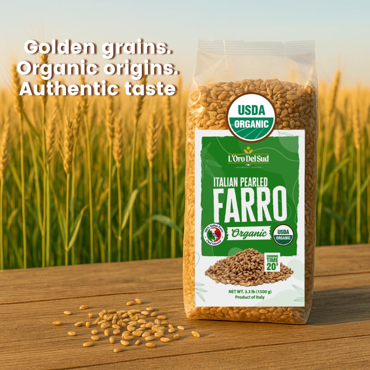 Organic Farro Pearled, 3.3 Lb (52.8 Oz), Italian Farro Perlato, Emmer Wheat, Non-Gmo, Superfood, Bulk, Protein, Fiber Rich, L'Or