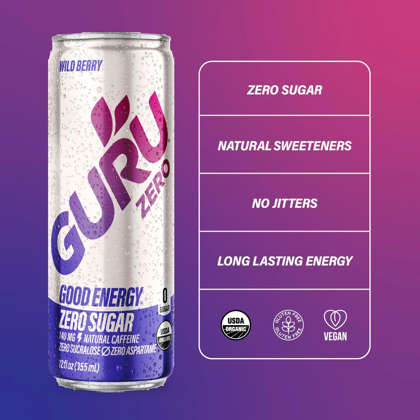 GURU Organic Energy Drink, Zero Sugar, Wild Berry, 12 Fl Oz (Pack of 24), Vegan, Gluten Free, 140MG Caffeine