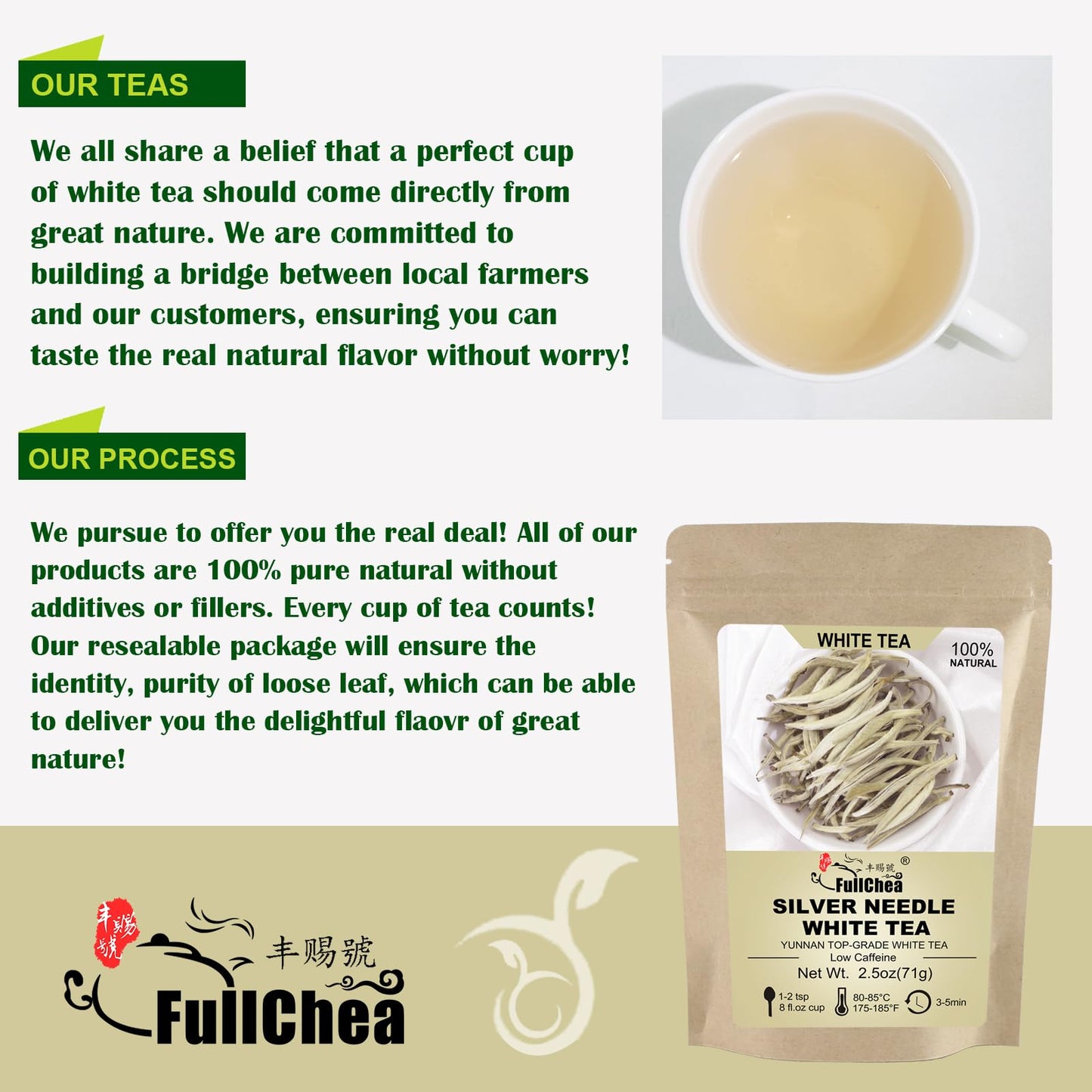 FullChea White Tea Loose Leaf - Yunnan Silver Needle - 2.5oz - Low Caffeine - Refreshing Woody Aroma