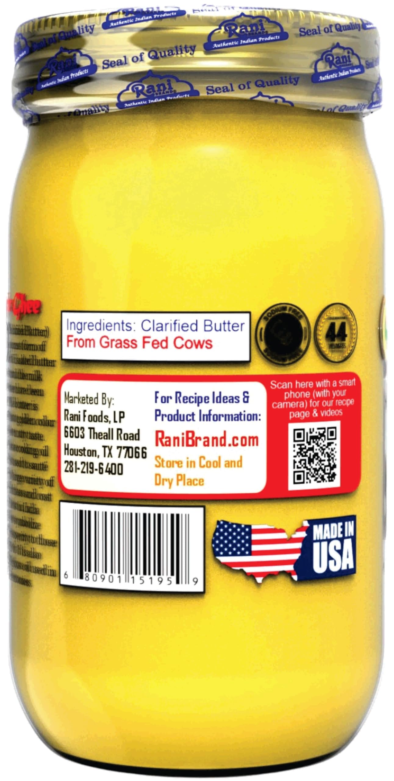 Rani Ghee Pure & Natural from Grass Fed Cows (Clarified Butter) 16oz (1lb) 454g ~ Glass Jar | Paleo & Keto Friendly | Gluten Fre