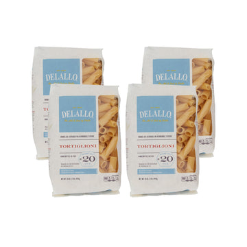 DeLallo Tortiglioni Pasta, 1 Pound Bag, 4 Pack, Tube Shape, Made with Durum Wheat Semolina Flour, Imported from Italy, Cooks in
