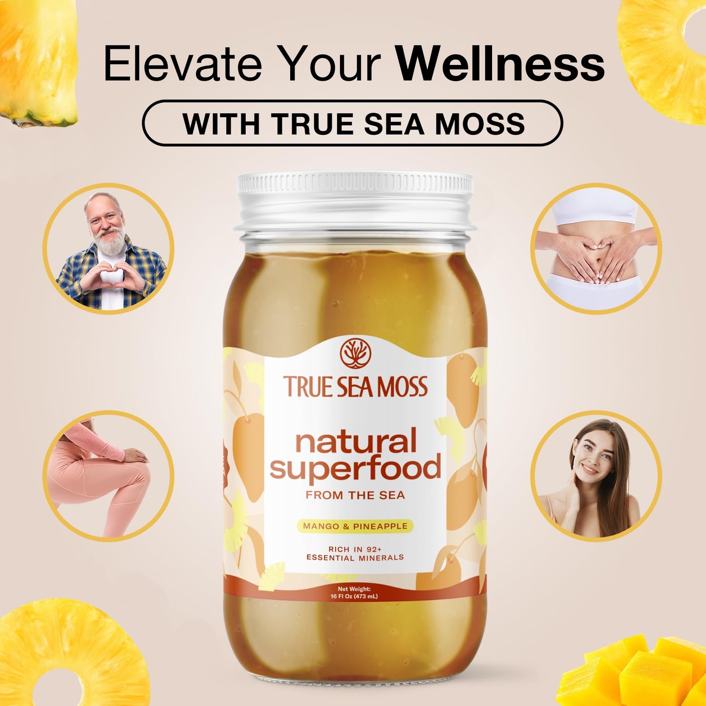 Trueseamoss Sea Moss Gel - Made In Usa - Wildcrafted Seamoss, Fresh Fruits & Sea Vegetables - Mango/Pineapple, Pack Of 2 (Labels
