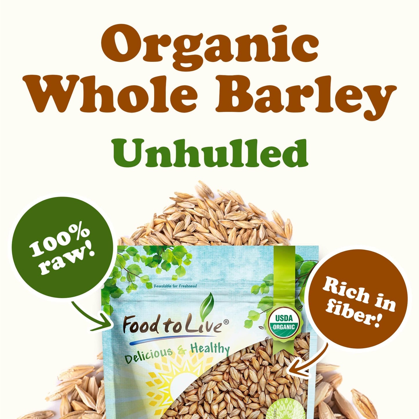 Food to Live Organic Whole Unhulled Barley, Non-GMO, High in Fiber, 3 Pounds