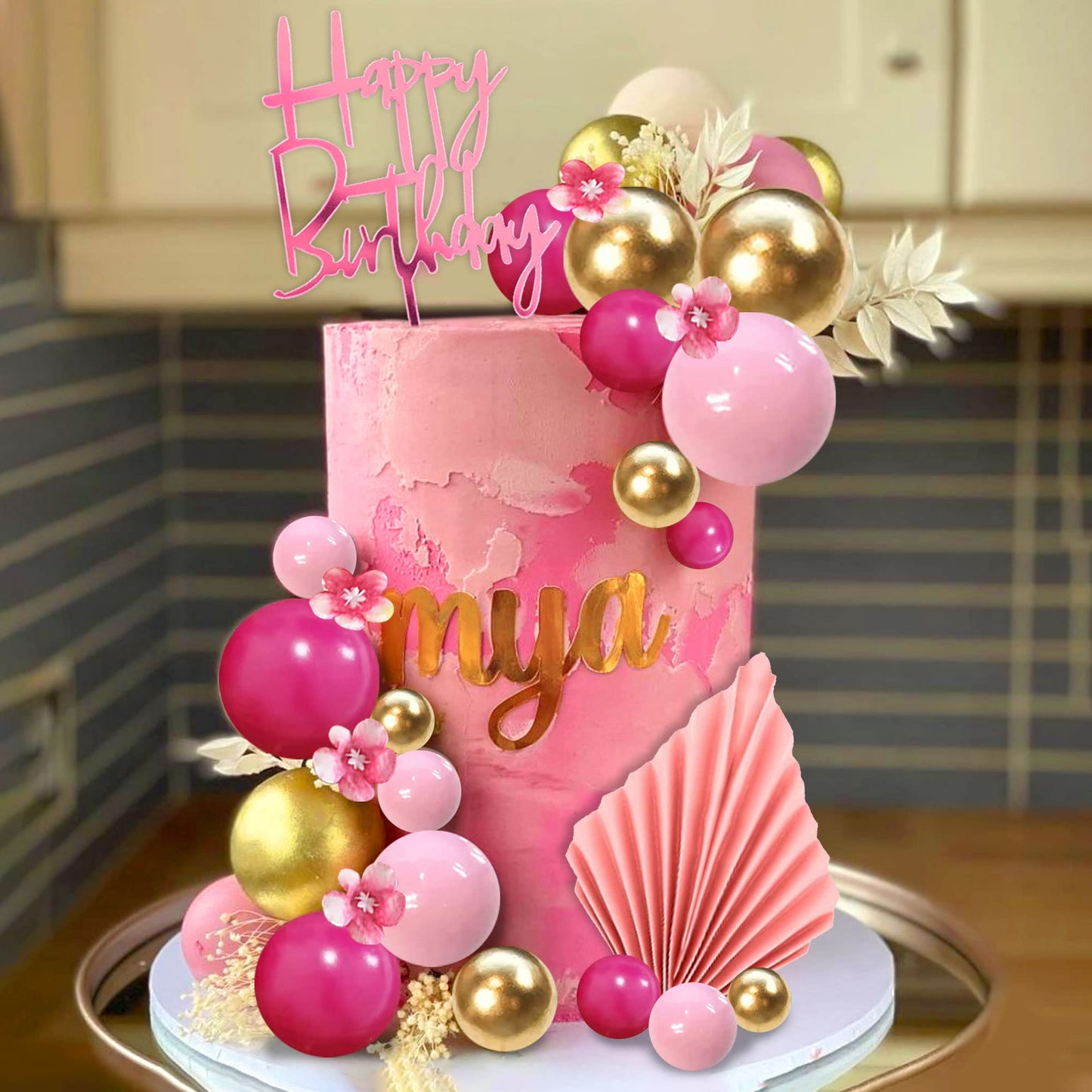 29 Pcs Flower Boho Cake Topper Balls Cake Decorations With Hot Pink And Gold Balls Palm Leaves Artificial Plants For Wedding Bab