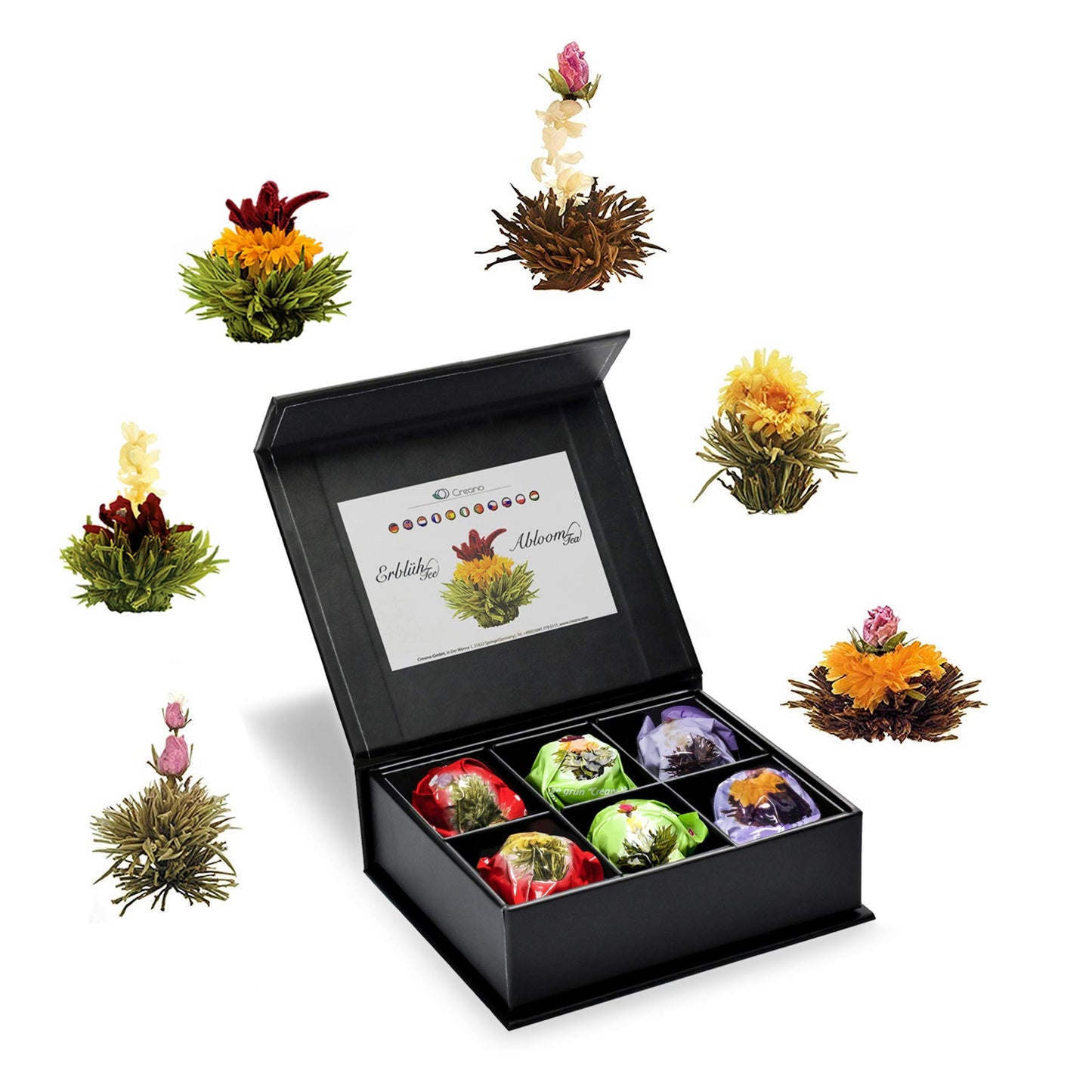 Creano Tea Flowers Mix 6Pcs Set Blooming Tea, Green Tea, White Tea & Black Tea In Elegant Magnetic Box With Silver Embossing