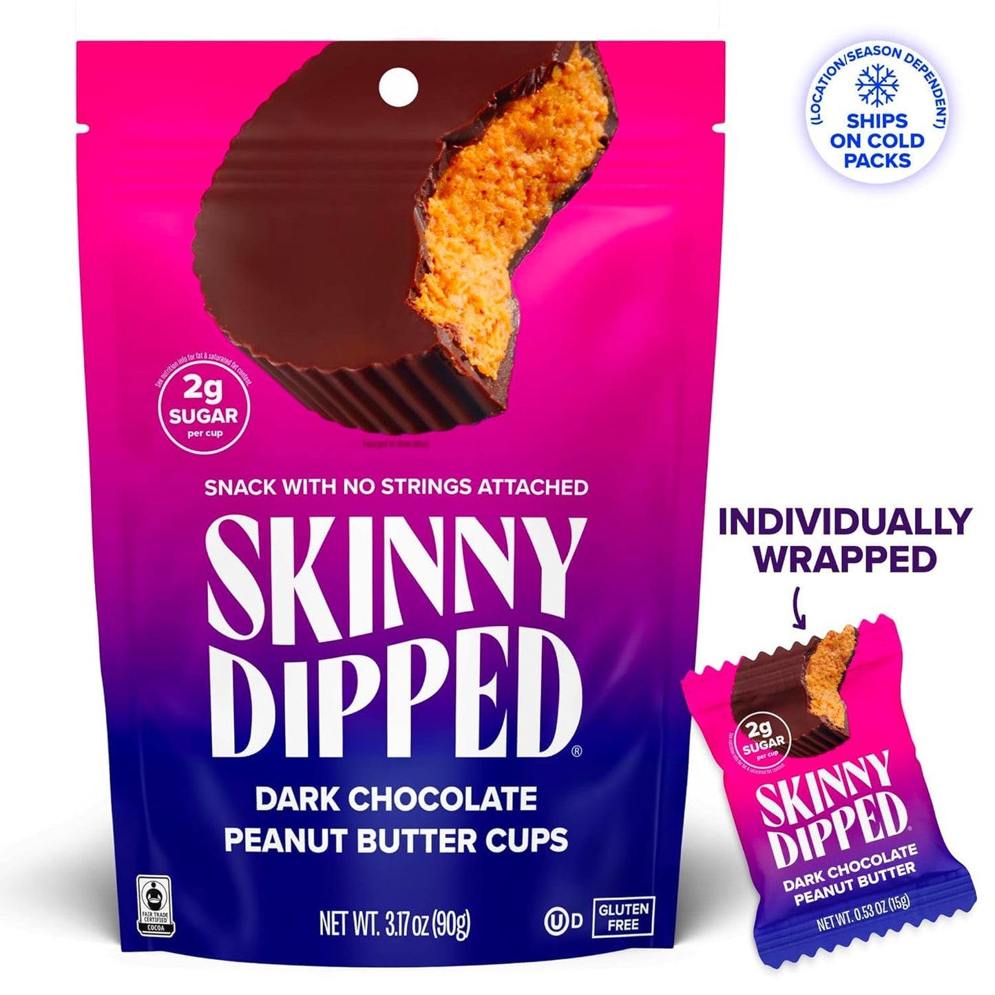 SkinnyDipped Dark Chocolate Peanut Butter Cups, 2g Sugar per Cup, Keto Friendly, No Stevia, Gluten Free, 3.2oz, 1 Pack (6 Cups T