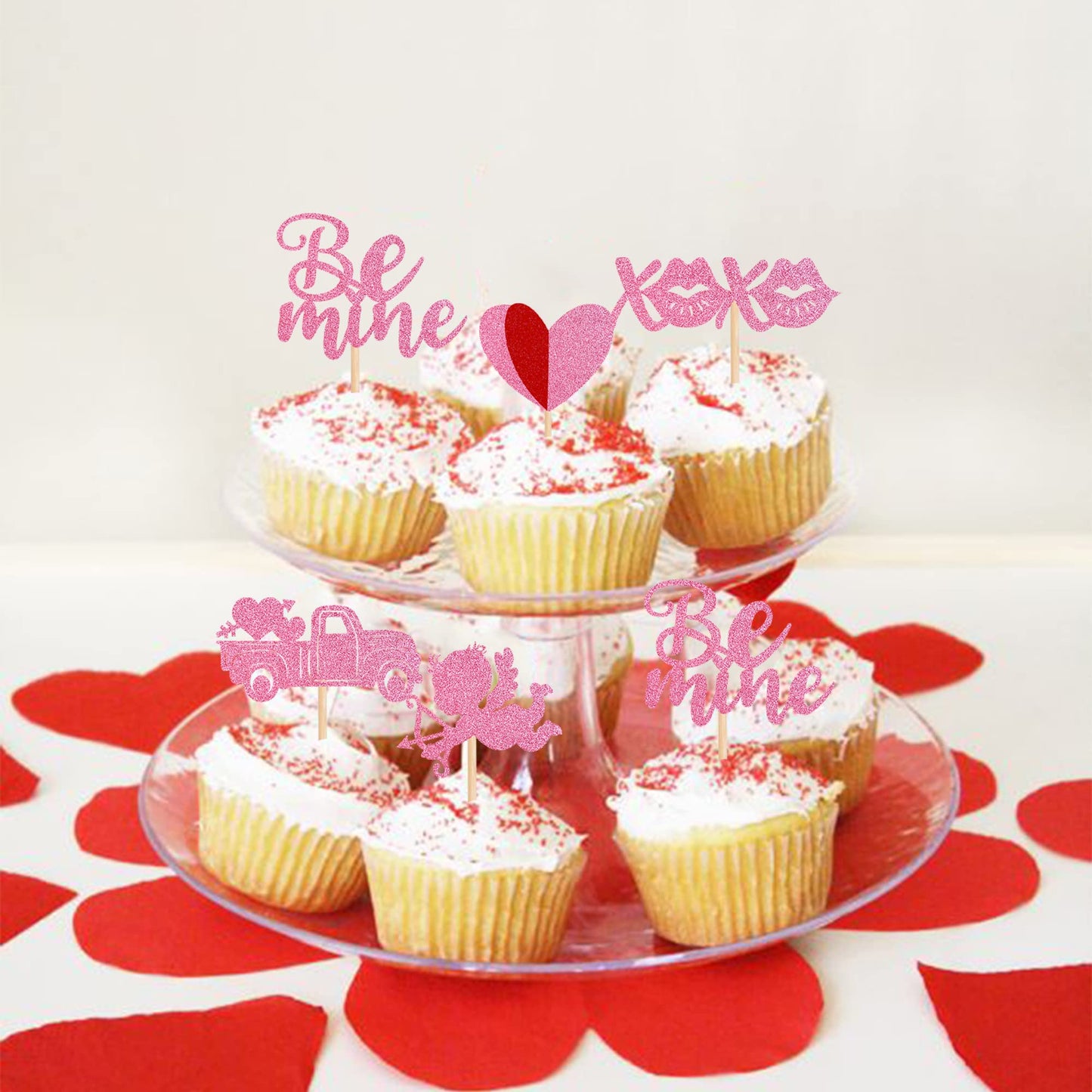 30 Pcs Valentine'S Day Cupcake Toppers Glitter Double Layers Love Heart Car Cupid Be Mine Cupcake Picks Decorations For Valentin
