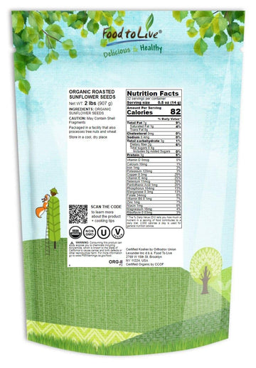 Food To Live Organic Dry Roasted Sunflower Seed Kernels, 2 Pounds Non-Gmo, Unsalted, Oven Roasted, No Oil Added, Hulled, No Shel