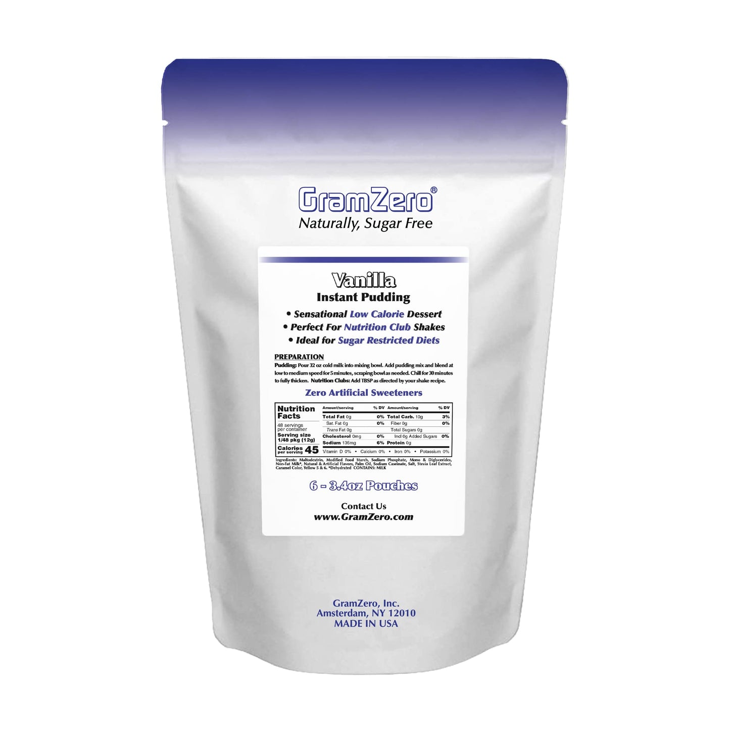 Gramzero Vanilla Sugar Free Pudding Mix 6-Pack, Great For Nutrition Club Meal Replacement Shakes, Low Calorie Dessert, Stevia Sw