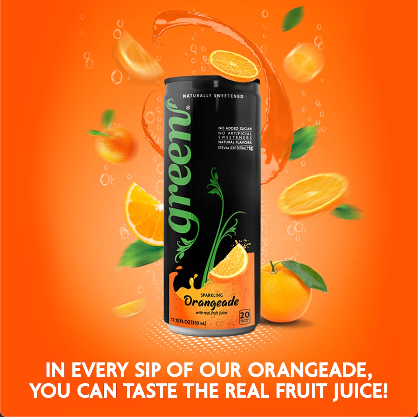 Green Orangeade - No added Sugar, 10% Real Orange Juice, 20 Calories per can, Naturally Sweetened with 100% Stevia Leaf Extract,