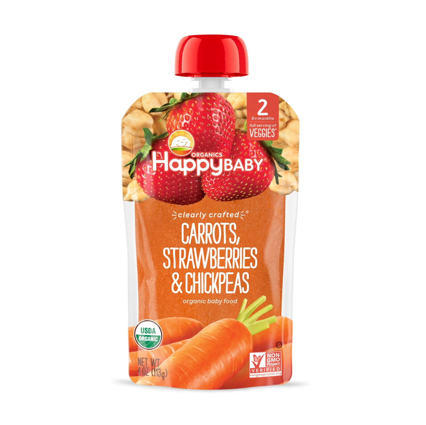 Happy Baby Organics Clearly Crafted Stage 2 Baby Food Carrots, Strawberries & Chickpeas, 4 Ounce Pouch (Pack Of 16)