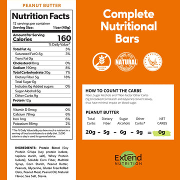 Extend Sugar Free Protein Bars, Perfect Diabetic Snacks, High Protein And Fiber, Hunger Control & Steady Energy, Low Carb, Keto Friendly (Peanut Butter)