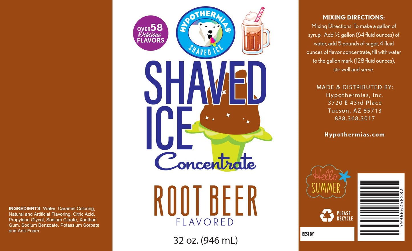 Hypothermias Shaved Ice Syrup Concentrate - Root malt-inspired Flavor - 32 Fl Oz - Makes 8 Gallons - Unsweetened, Add Sweetener & Water