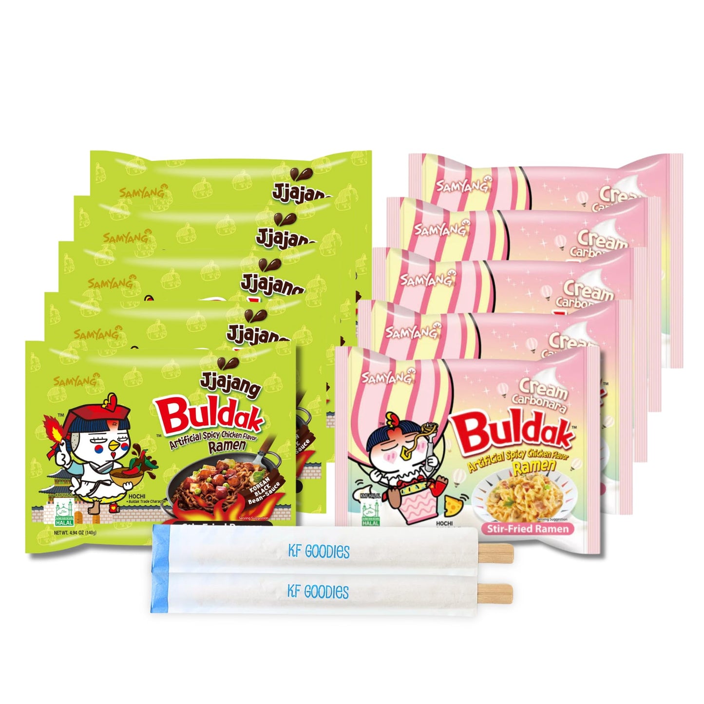 Samyang Buldak Hot Spicy Chicken Ramen Noodle Korean Stir-Fried Ramen, Cream Carbonara And Jjajang Flavor, 5 Pack For Each Flavo