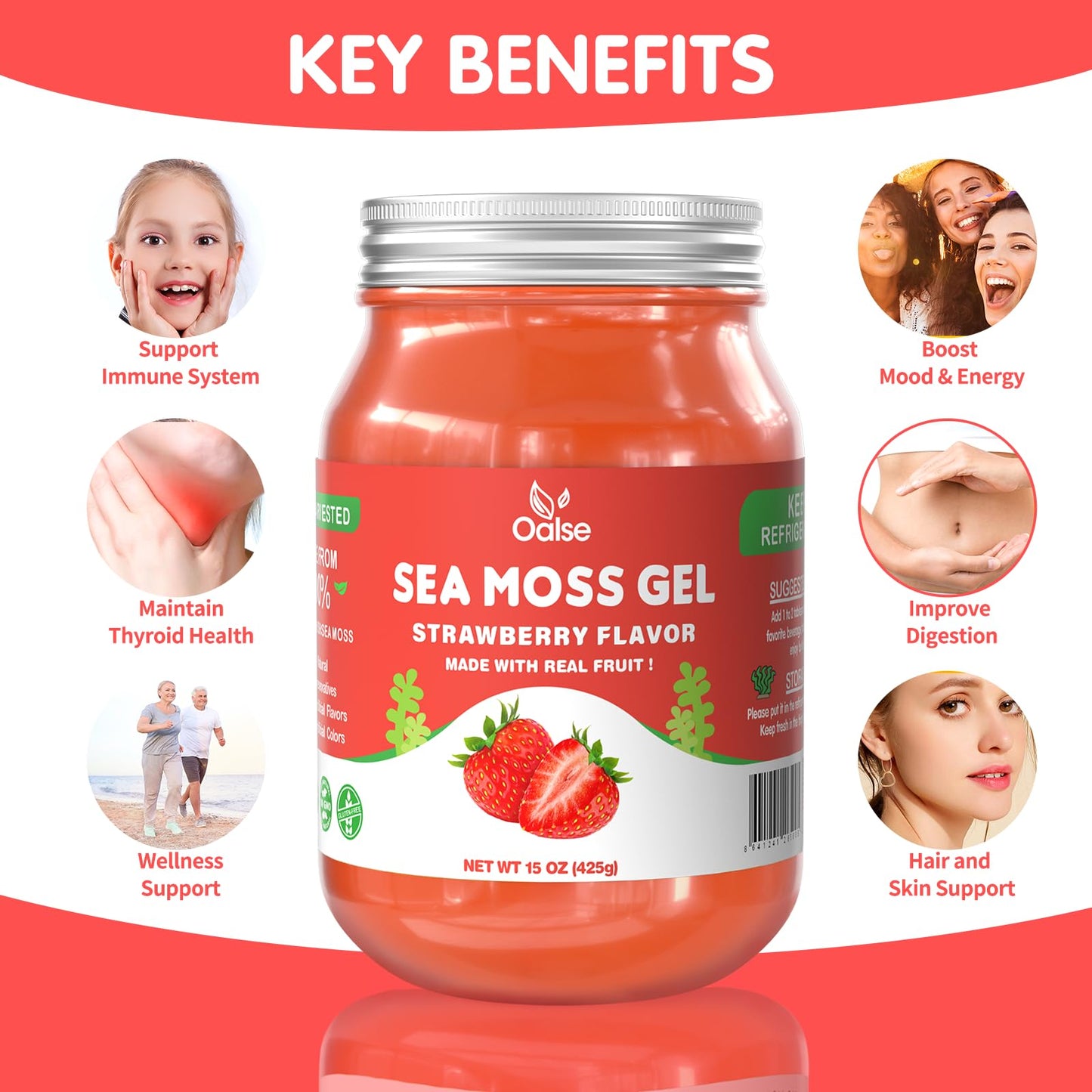 OALSE Sea Moss Gel - Natural Irish Seamoss Gel, 15 OZ, Non-GMO, Vegan, Gluten-Free, Strawberry