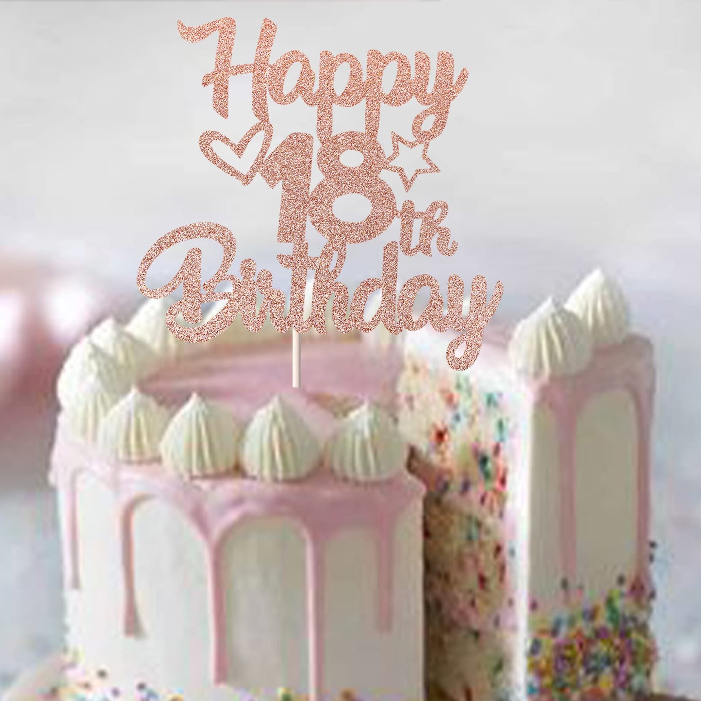 YCTHUNFISH 18th Birthday Cake Topper Glitter Heart Star Rose Gold Bamboo Decoration