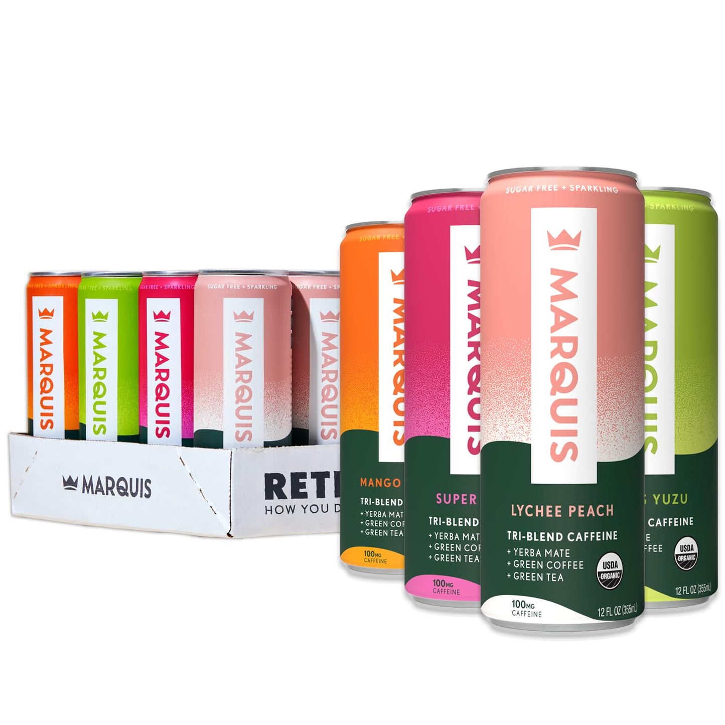 Marquis Natural Energy Drink Variety Pack - Sugar Free, 0 Calories, 100mg Caffeine - 12 oz Cans - 12 Pack - Original Variety