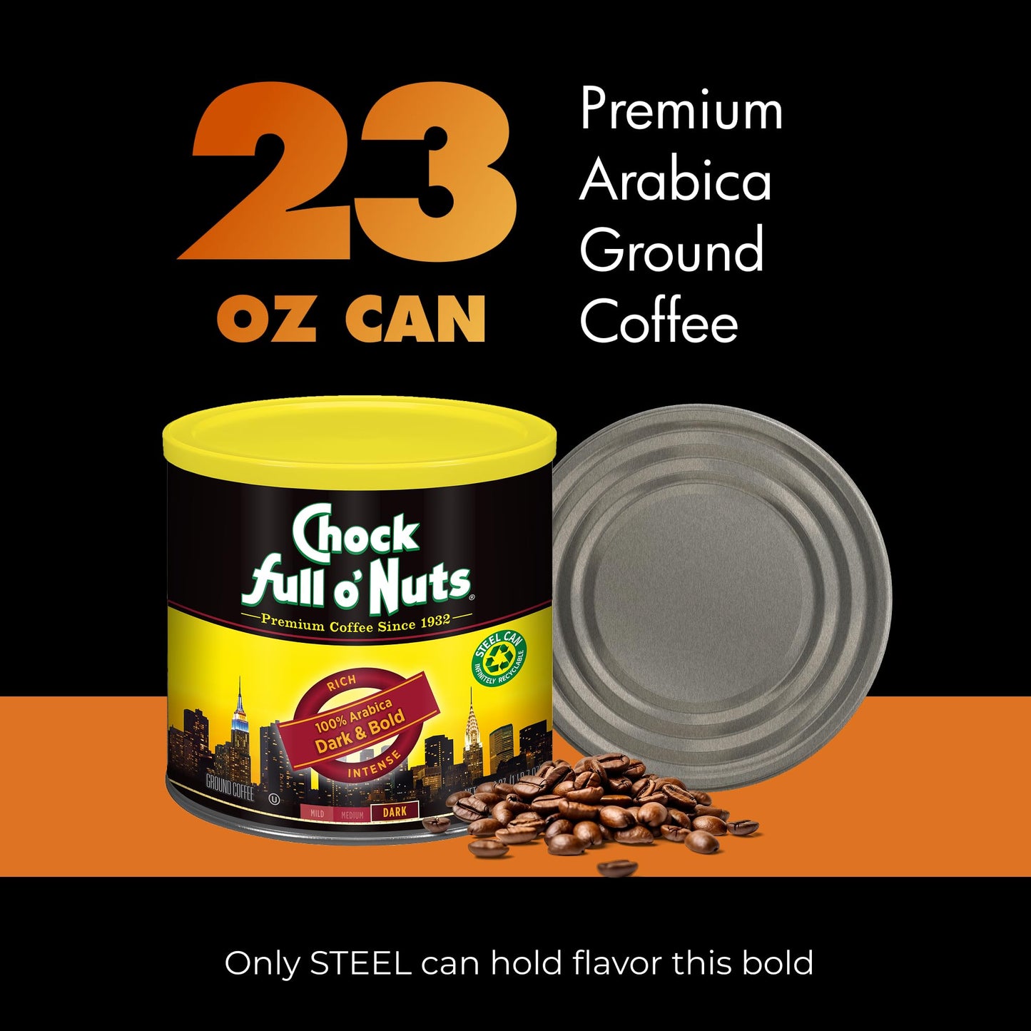 Chock Full o’ Nuts Dark & Bold Roast Ground Coffee - 23 Oz Can - Arabica Coffee Beans - Full-Bodied Dark Blend