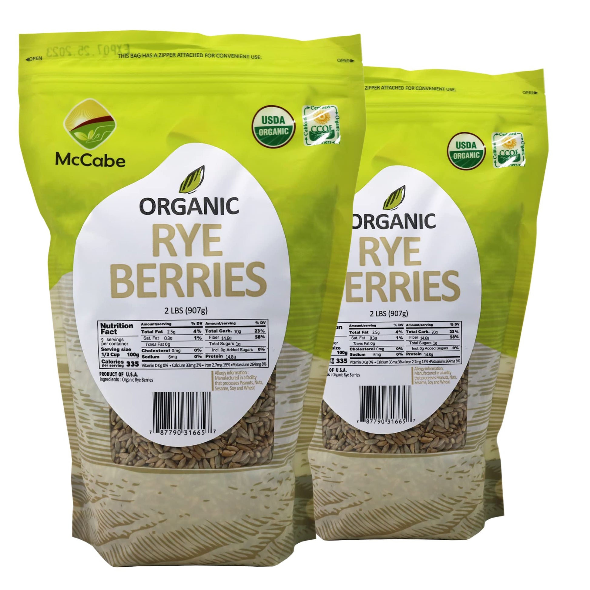 McCabe Organic Rye Berries - Whole Rye Berries 2 Lbs Pack of 2 | USDA Certified Organic and CCOF Certified | Product of USA