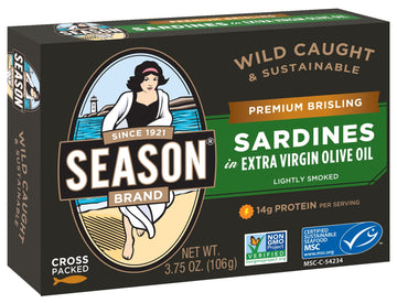 Season Brisling Sardines in Extra Virgin Olive Oil - Wild Caught, 14g of Protein, Keto Snacks, More Omega 3's Than Tuna, Kosher,