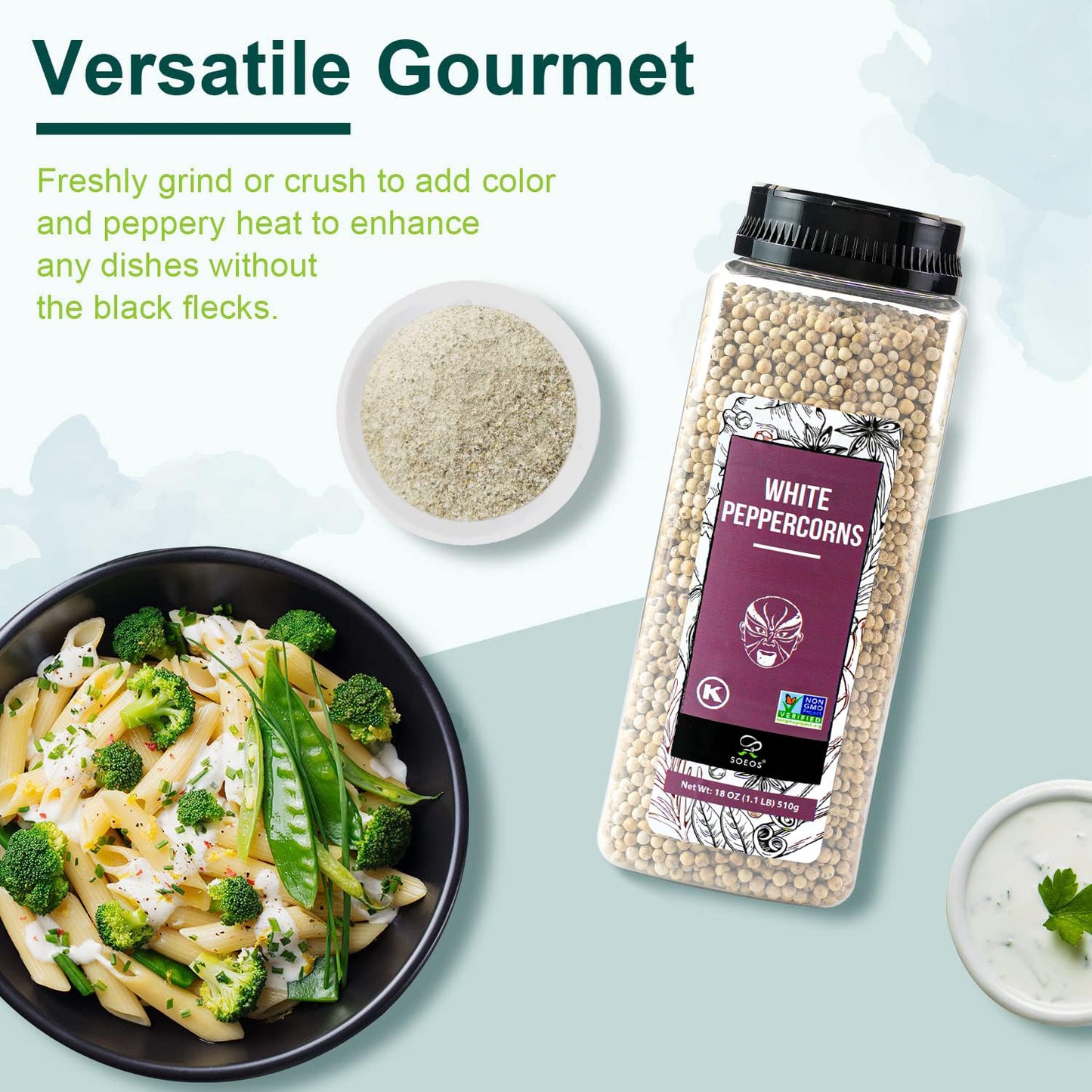 Soeos White Peppercorns, 18oz (Pack of 1), Non-GMO, Kosher, Packed to Keep Peppers Fresh, Peppercorn for Grinder Refill, Whole P