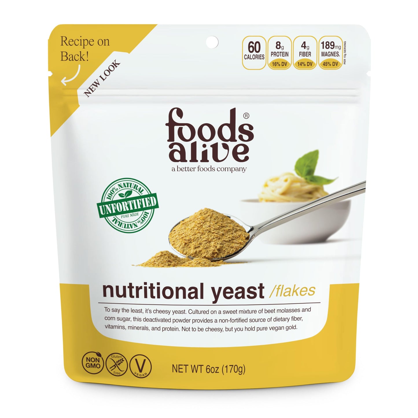 Foods Alive Non-Fortified Premium Nutritional Yeast Flakes, 6 Ounce Unfortified Vegan Cheese Powder Seasoning
