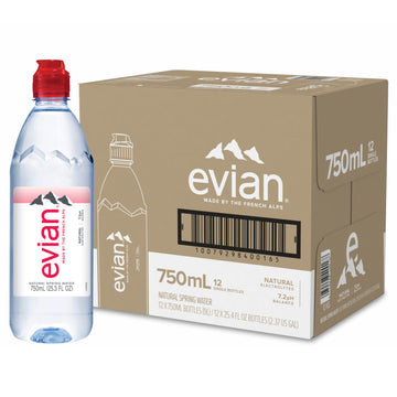 evian Natural Spring Water, PH Balanced with Natural Electrolytes, Sports cap bottle, 25.7fl oz./750mL Bottles (pack of 12)