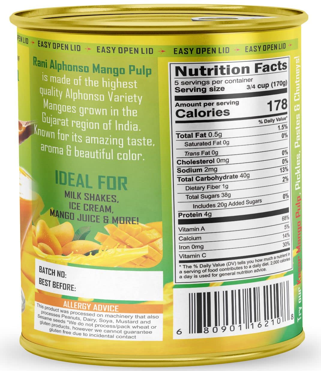 Rani Mango Pulp Puree (Makes Mango Lassi Shakes) Alphonso Sweetened 30Oz (1.875Lbs) 850G Pack Of 6 ~ Kosher | All Natural | Non-Gmo | Vegan | No Colors | Gluten Friendly | Indian Origin