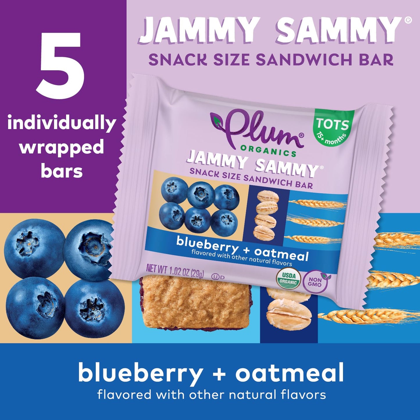 Plum Organics Jammy Sammy Snack Bars - Blueberry and Oatmeal - 1.02 oz Bars (Pack of 5) - Organic Toddler Food Snack Bars