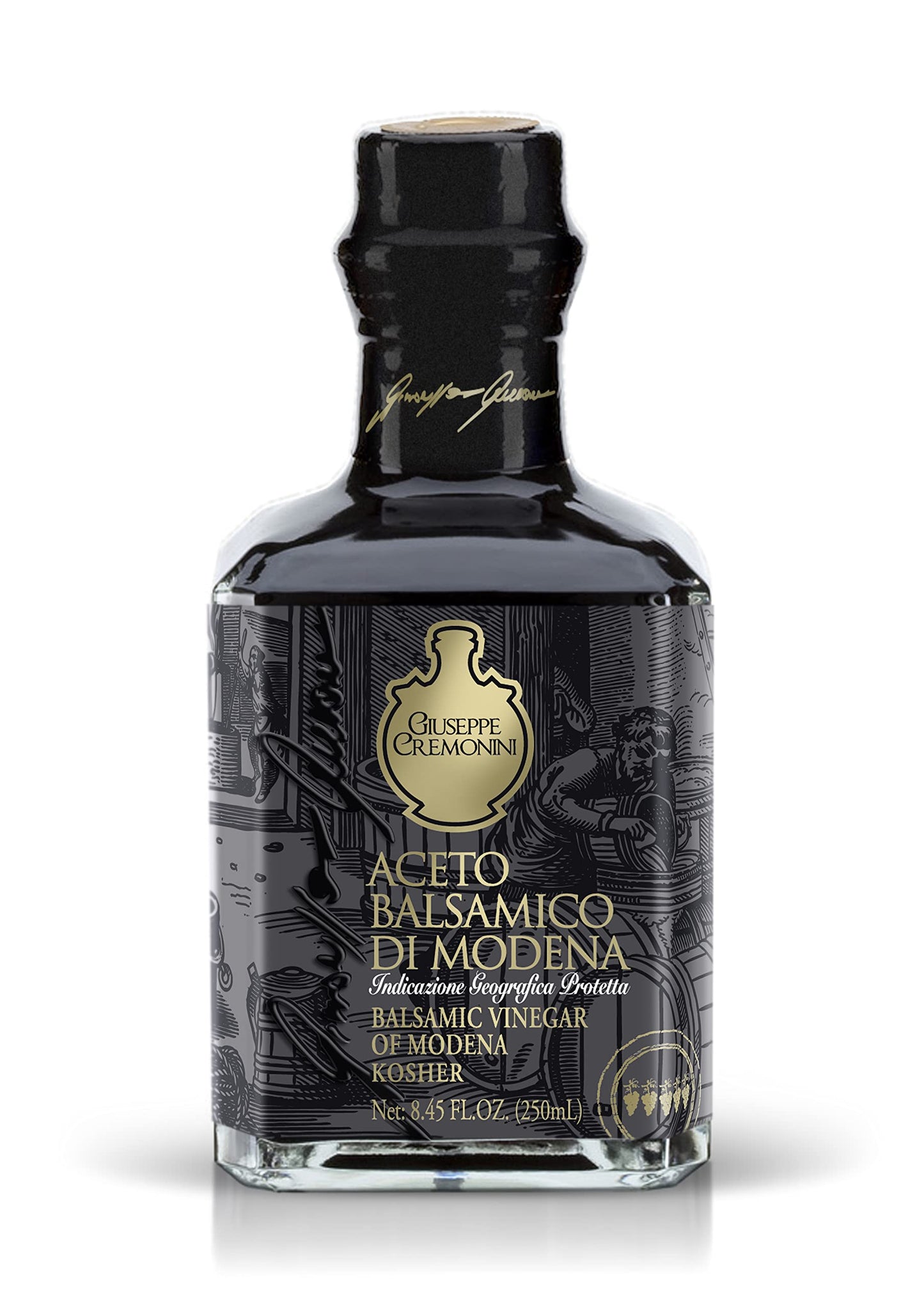 Giuseppe Cremonini Ou Kosher Balsamic Vinegar Di Modena Igp Certified Consortium Certified Oak Aged 3 Levels Of Density Caramel Free Cooked Grape Must And Beverage-Inspired Vinegar Only (5 Grape)