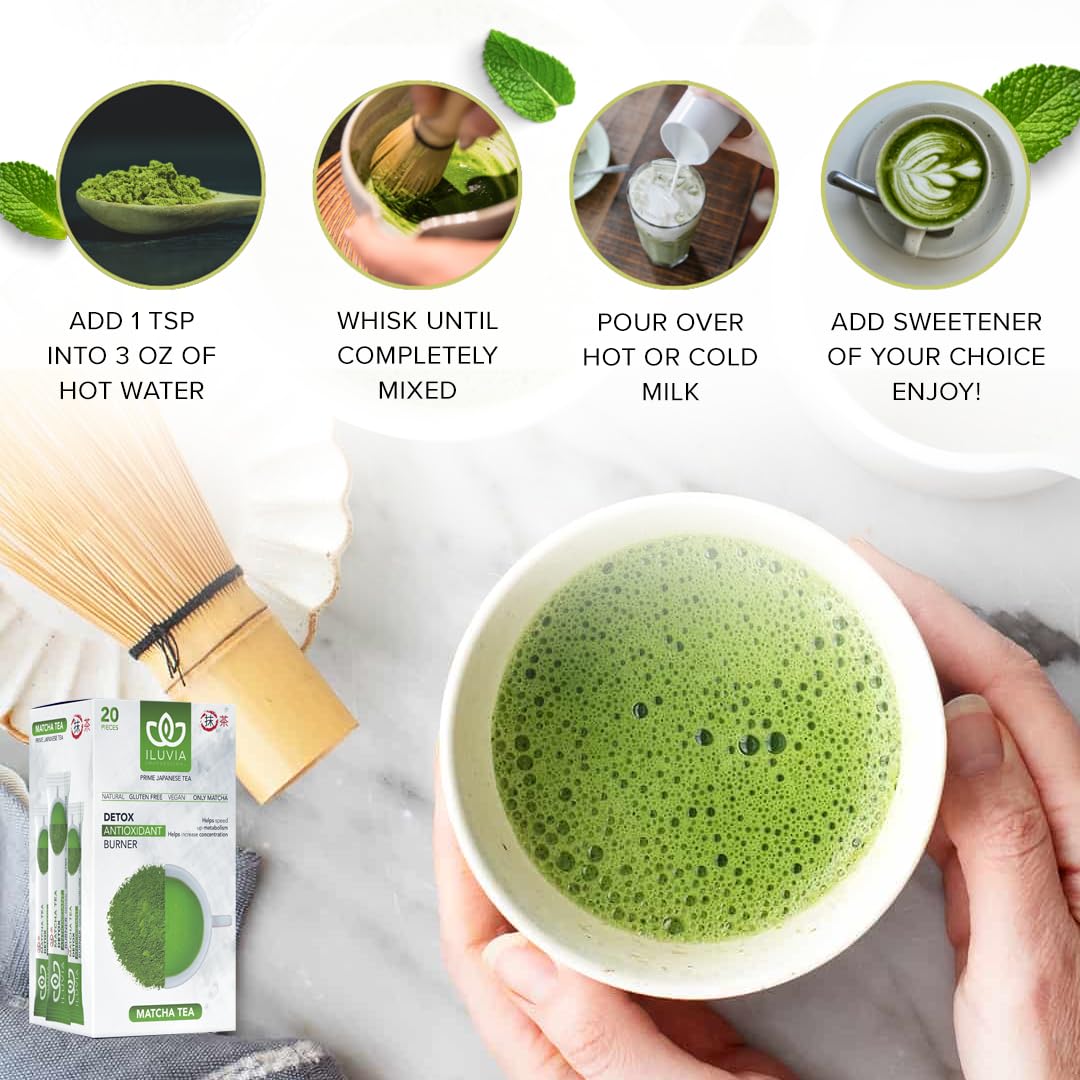 Iluvia Premium Matcha Green Tea - 20 Stick Packs (20 X 12G) - Matcha Japanese Detox Antioxidant Burner - Authentic Japanese Matc
