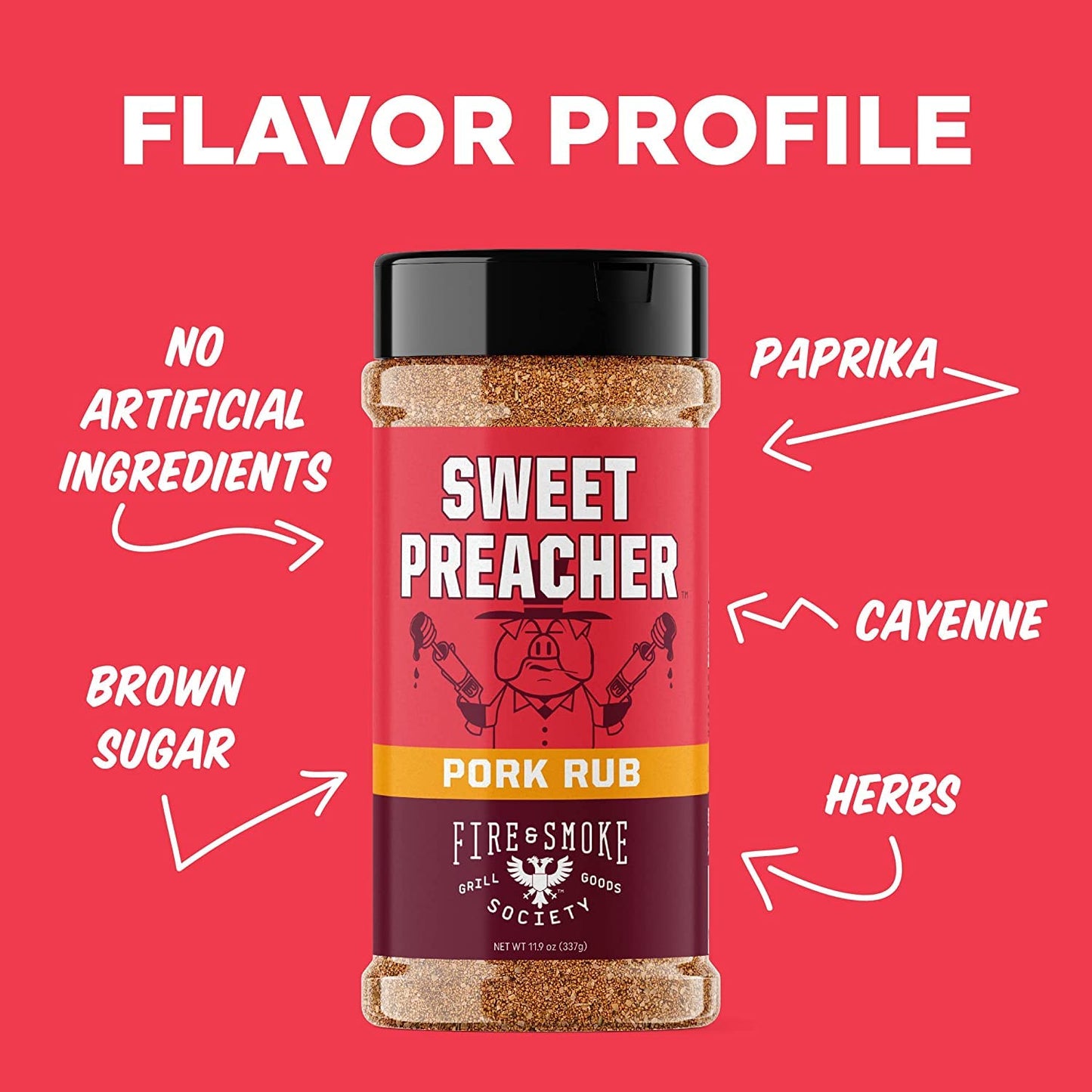 Fire & Smoke Society BBQ Seasoning Sweet Preacher Pork Rub - 11.9 oz Dry Rub for smoky aroma & Grilling Meat