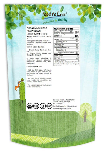 Food To Live Organic Hemp Seeds, 12 Ounces - Non-Gmo Raw Hearts, Hulled, Shelled, Kosher, Vegan, Bulk, Low Carb, Low Sodium, Goo