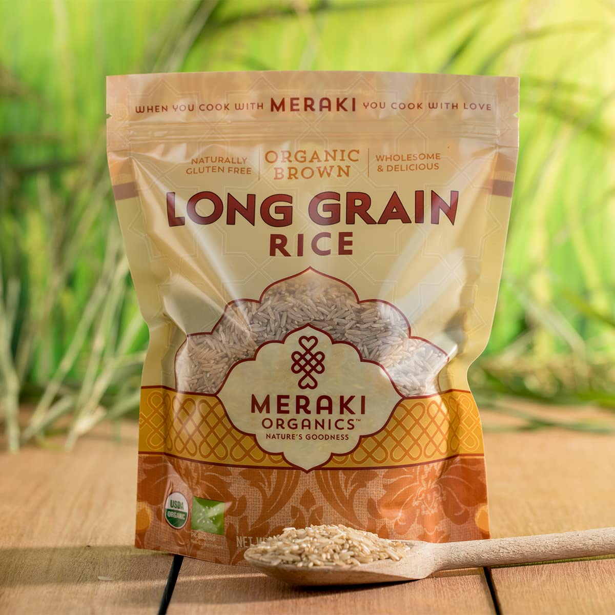 Meraki Organic Brown Long Grain Rice 2 Lb Bag - Low Gi & High In Fiber, Separated Fluffy Grain & Nutty Texture - Authentic Rice
