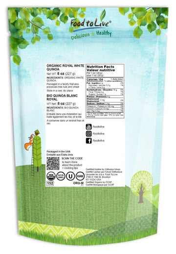 Food To Live Organic Royal White Quinoa, 8 Ounces Whole Grain, Non-Gmo, Kosher, Vegan, Sirtfood, Bulk