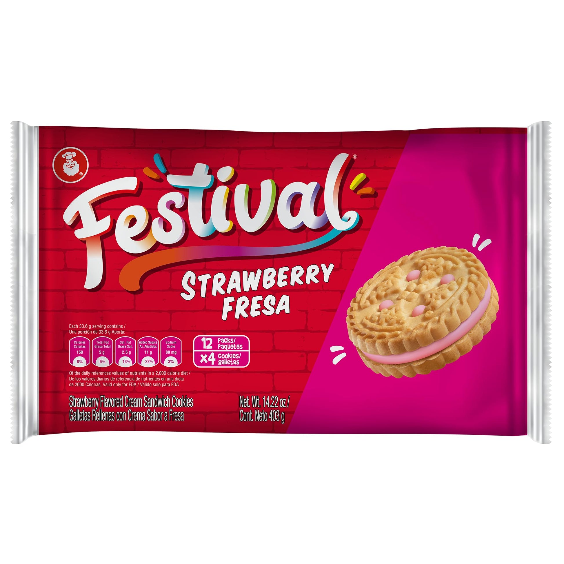 Festival Strawberry Cookies | Cream Strawberry Sandwich Cookies | Natural Dyes & Low Sodium | High Cream Content | 14.22 Oz (Pack Of 1)