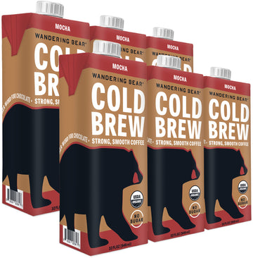 Wandering Bear Organic Mocha Cold Brew Coffee 32 fl oz 6 pack - Extra Strong Bold Smooth Unsweetened Shelf-Stable Ready to Drink Gluten Free & Vegan Iced Cold Brewed Coffee Drinks