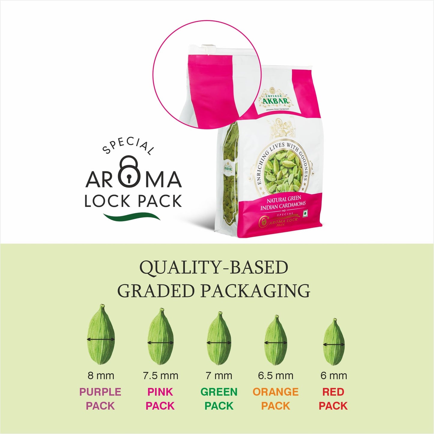 Emperor Akbar Cardamom (Elaichi)- 250G - Green Cardamom In Superior Aroma-Lock Pack (Pink Grade - 7.5Mm & Above)