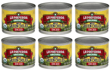 La Preferida Organic Diced Green Chile Peppers Fire-Roasted & Peeled Perfect for Tacos, Casseroles & Nachos, 4oz. (Pack of 6)